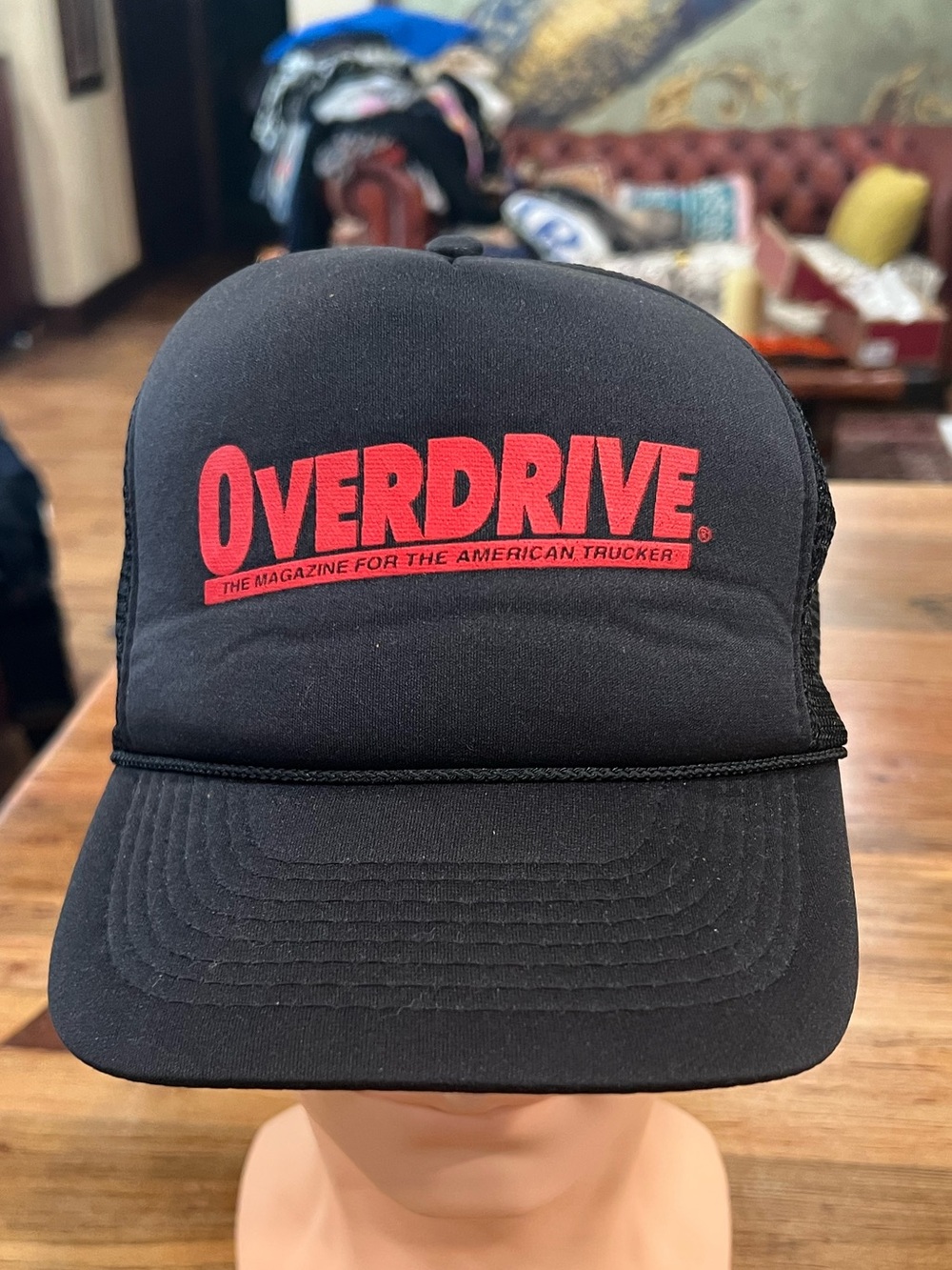 Black Trucker Hat with Red Logo